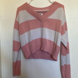 Tommy Hilfiger Pink and White Stripe V-Neck Sweater